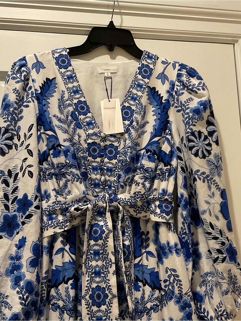Blue and White Floral Maxi Dress with Waist Tie - Picture 4 of 9